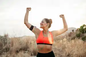 A woman doing a winning pose
